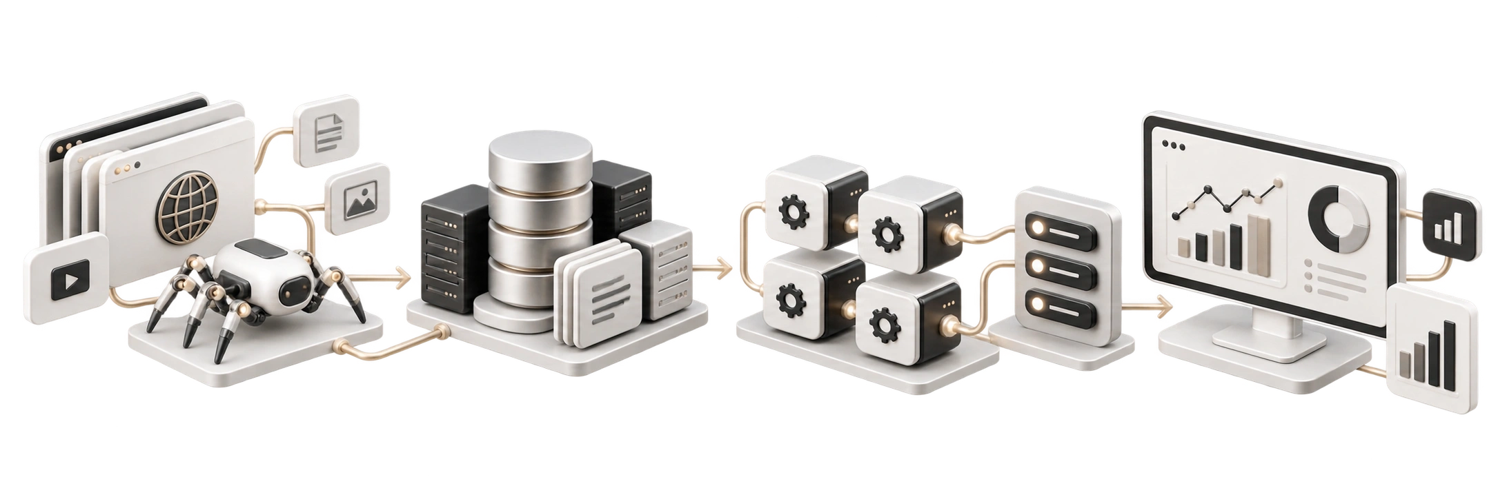 Datenintensive SEO-Plattform: Schematische Darstellung von Crawling, Datenbestand, verteilter Verarbeitung und Auswertung